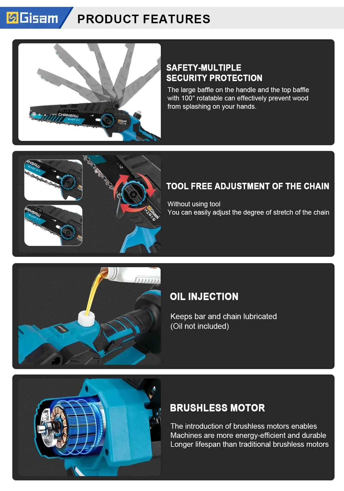 Brezkrtačna žaga GISAM – popolna za rezanje vej in manjšega lesa SET V KOVČKU