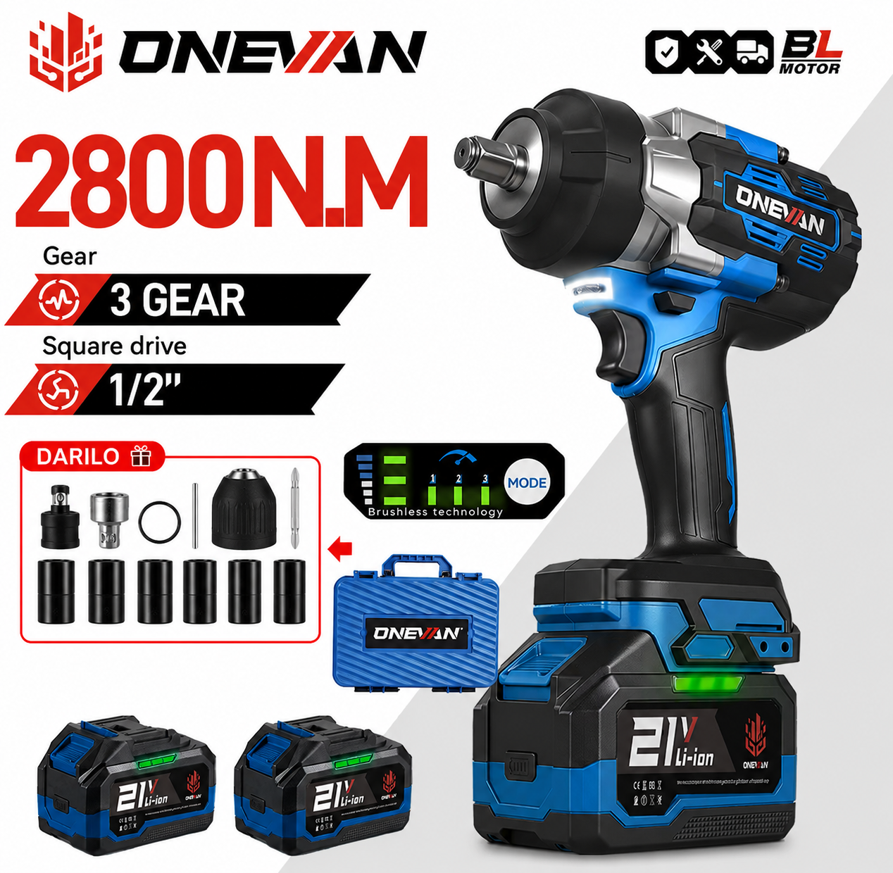 Udarni vijačnik Onevan 2800 Nm SET v kovčku + DARILO